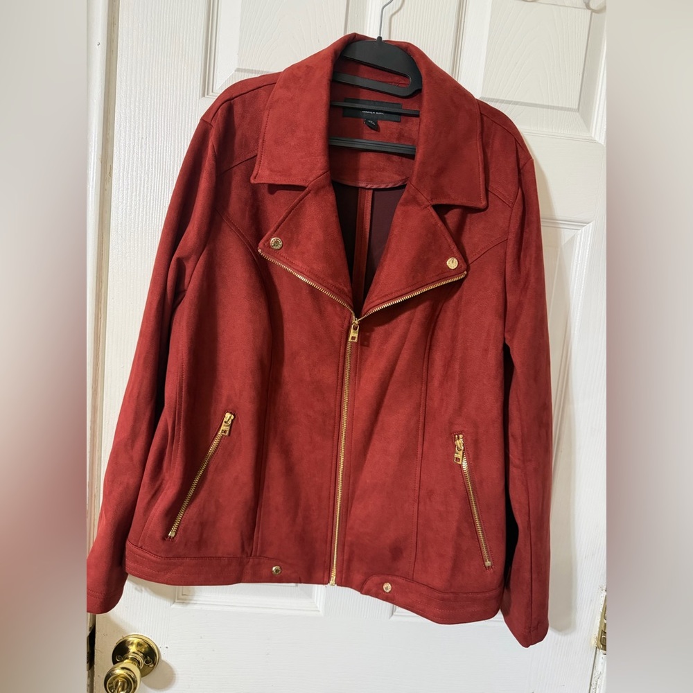 Women's Rust Red Suede Moto Jacket with Gold Hardware